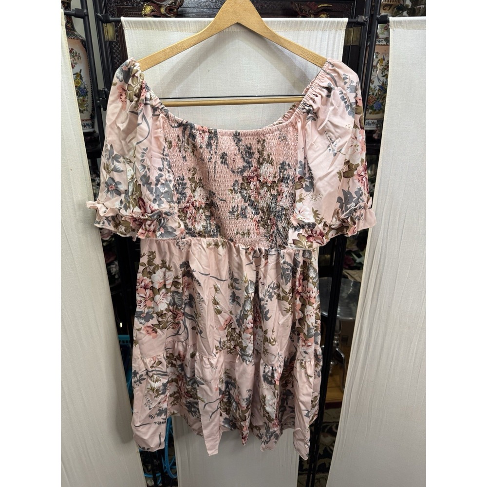 Pink Floral Cottagecore Midi Dress Smocked Bodice Puff Sleeve Tiered Romantic - Picture 2 of 8